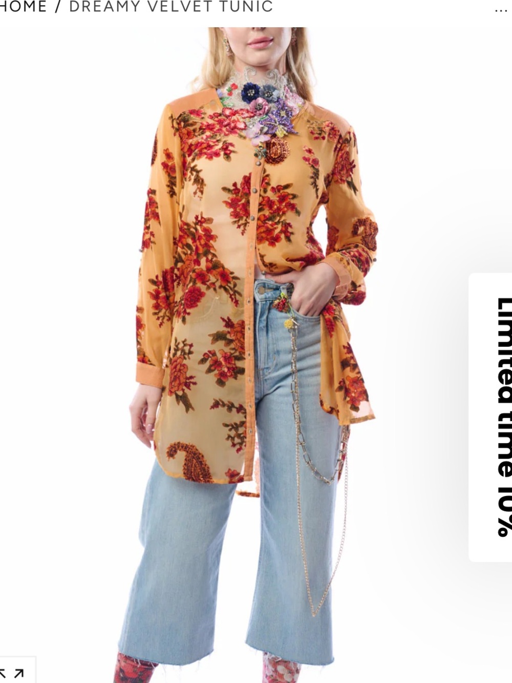 NWT Aratta Silent Journey Dreamy Velvet Tunic - Orange Floral